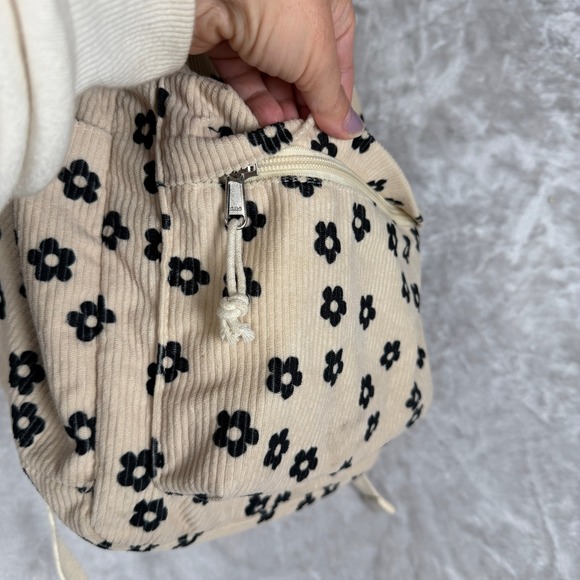 Corduroy Floral Print Backpack Beige Black Cute Kawaii School Bag - Picture 3 of 8